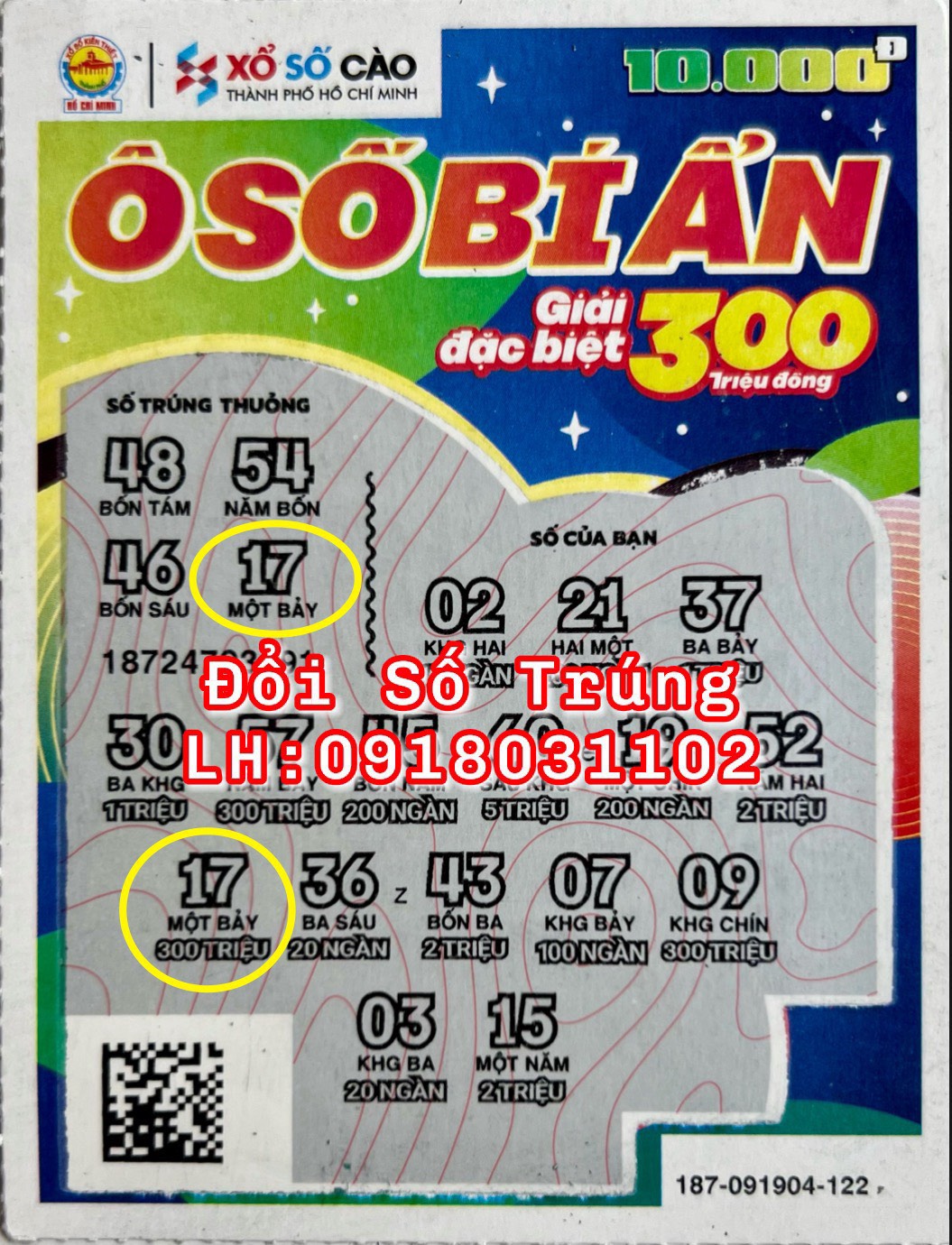 chúc mừng khách hàng may mắn! xổ số cào trúng ô số bí ẩn 187 giải đặc biệt 300 triệu đồng