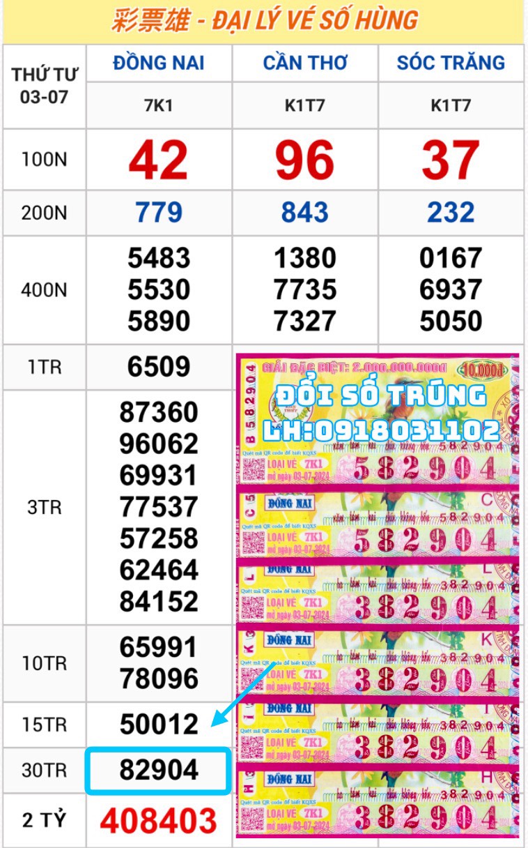 Vé Trúng Thưởng-Thứ 4: Ngày 03.07.2024 Đồng Nai